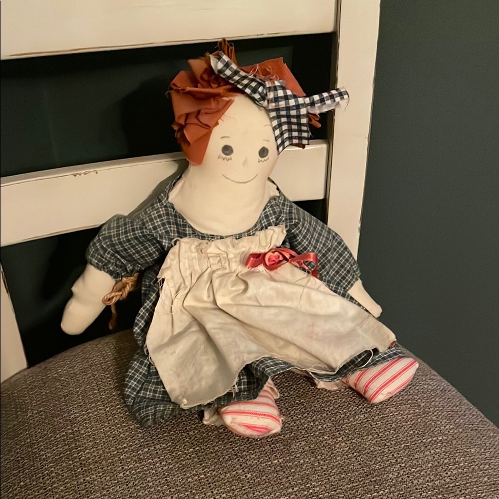 Handcrafted Rag Doll with Blue Dress and Red Hair